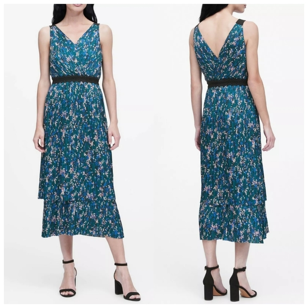 Banana Republic Pleated Tiered Midi Dress Blue Green Multi Color Size 0 NWT
